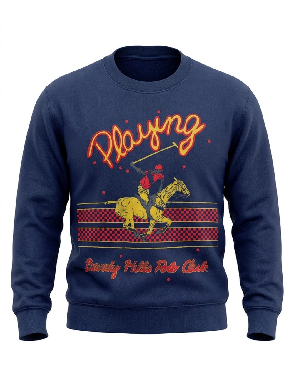 Vintage Men's Navy Graphic Crewneck Sweater with Yellow & Red Polo Motif S Large